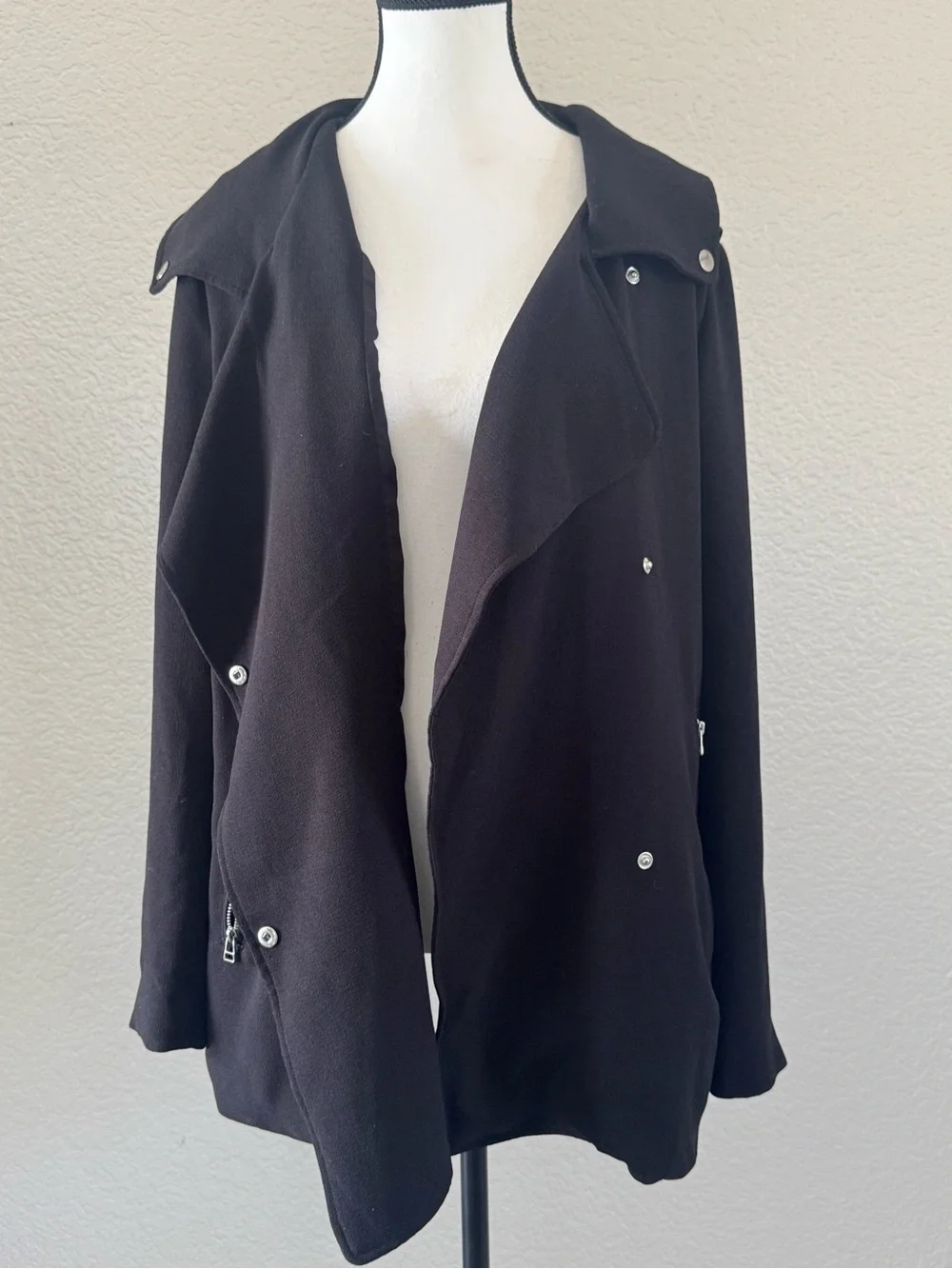 Joan Vass Studio Black Knit Jacket Convertible Snap Front Zip Pocket & Cuff